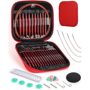 Interchangeable Knitting Needle Set with Circular Cable for Crafters, 13 Circular Knitting Needles with 4 Cable, 3-10 mm Aluminum Knitting Needles for Beginner, DIY Crafts, Red Needle Set