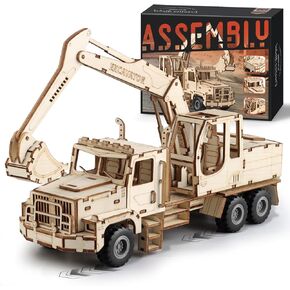 3D Wooden Puzzle for Adults, Excavator Wooden Mechanical Model Car Kits to Build, Brain Teaser Pull Back Truck Toys Birthday for Men Women (Excavator)
