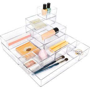 Stackable Acrylic Drawer Organizer Set, 11 PCS Multi-Size Storage Bins for Makeup, Office Desk, Bathroom, Vanity and Kitchen Utensils