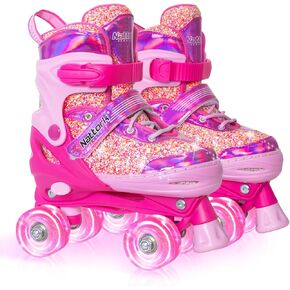 Nattork Kids Roller Skates for Girls Boys Kids, 4 Sizes Adjustable Fluorescent Quad Skates with Light up Wheels & Safety Protection - Cool Birthday Gift for Indoor Outdoor Sports