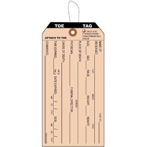 100 Pre-Strung Coroner and Funeral Toe Identification Tags. Morgue Toe Tags are Printer in Black Ink on Manila Card Stock, with Reinforced Eyelet. Tag Size: 5 1/4" x 3 5/8"