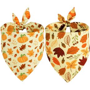 Doncida Fall Dog Bandanas 2 Pack, 4 Pattern Reversible Triangle Fall Pumpkins Autumn Leaves Thanksgiving Scarf for Small and Medium Dogs, Premium Durable Fabric Bibs for Pets (Small)