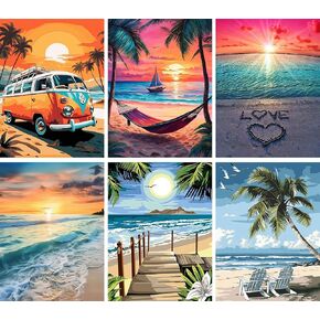 Ekuxom 6 Pack Paint by Numbers Kit for Adults Beginner, 12x16 inch Beach Adult Paint by Number Kits on Canvas, DIY Beach Painting by Numbers for Adults Home Wall Decor