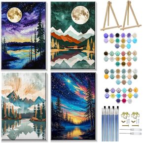 JOOZ 4 Pack Paint by Numbers Kit for Adults with Frame Landscape Paint by Number with Easel Flowers Adult Paint by Number Kit DIY Mountain Oil Painting Kits for Home Wall Decor 8x12 Inch