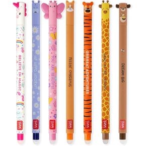 LEGAMI - Set of 7 Erasable Gel Pens with Thermosensitive Erase Ink, Range of ink colours & barrel designs, 0.7mm Tip, Unicorn, Hippo, Butterfly, Corgi, Tiger, Giraffe, Teddy Bear Designs