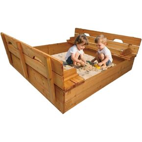 Beipoo Kids Wooden Sandbox with Cover, Large Wood Sandbox with 2 Foldable Bench Seats, Outdoor Kid Sand Pit for Backyard, Bottom Liner Included
