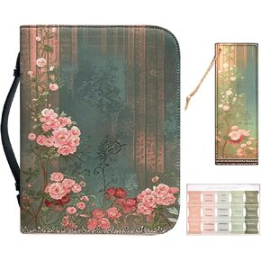 Bible Case for Woman Men, Bible Cover with Handle&Zipper, Waterproof Bible Bags for Standard Size Bible, PU Leather Bible Accessories with Pen Storage, Bible Gifts (Boho Floral, XL)