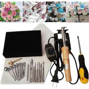 Electric Fabric Flower Maker Making Tools, Artificial Fabric Flower Making,with 18 Ironing Heads, Heated Handle, Adjustable Temperature, DIY Cloth Fabric Flower Making Tool Set
