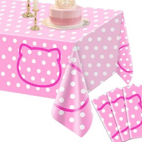 AMFZON 1 Pc Kitty Tablecloth Birthday Decorations, Cat Disposable Plastic Pink White Dot Table Covers for Baby Shower Pet Cat Party Decorations Supplies- 54 X108in