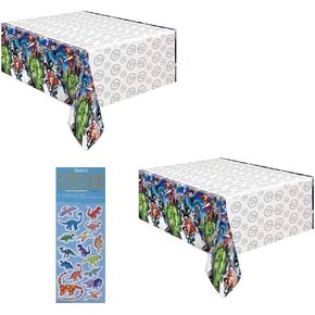 Unique Avengers Super Heroes Birthday Party Supplies Bundle Pack Includes Plastic Table Covers - 2 Pack and 1 Dinosaur Sticker Sheet
