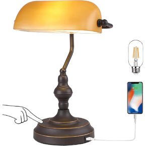 Bank Desk Lamp Touch Control, Vintage Bankers Lamps with USB Port, 3 Way Dimmable Desk Lamps, Farmhouse Library Desk Lamp Oil Rubbed Bronze for Office, Study Room