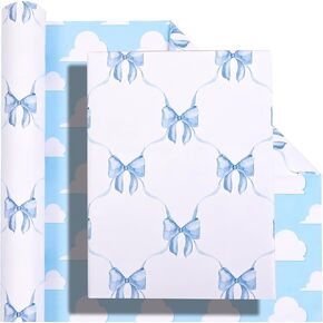 Altarho Reversible Blue Bow Wrapping Paper Roll - 17 Inch x 20 Feet - Baby Blue Ribbon Bow Design Gift Wrap for Baby Shower, Birthday, Wedding, Bachelorette Party Total 28.5sq.ft