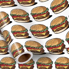 RUSPEPA Funny Burger Wrapping Paper Roll for Teens Kids Food Lovers, Mini Roll, Realistic Cheeseburger Design Gift Wrap Paper for Birthday, Fast Food Celebration, Gag Gifts, 17 Inches x 16.4 Feet