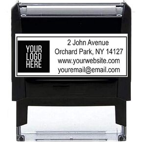 Large Logo Self-Inking Stamp - 3 or 4 Lines for Address, Website, Phone Number or Message - Black, Red, Blue, Green, Purple Ink - 10+ Designs