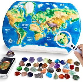 Gemstone Dig Kit for Kids – Excavate 37 Rocks & Crystals, STEM Science Kit with Info Cards & Display Stand – World Map Gem Digging Kit, Rock Collection Gift Educational Geology Gift for Boys & Girls