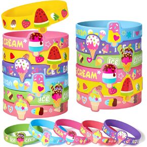 24 PCS Ice Cream Party Favors Birthday Supplies for Kids Unique Self-Design Ice Cream Print Silicone Bracelets Boy Girl Bulk Toy Gift Goodie Bag Stuffers Pinata Filler Classroom Rewards
