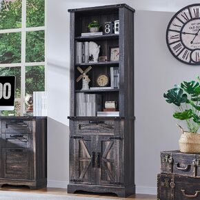 RedLemon Bookcase with 2 File Drawers, 72" Tall Farmhouse Bookshelf with Storage and Adjustable Shelves, 4 Tier Rustic Wood Bookshelf with Cabinet for Home Office, Living Room (Antique White)