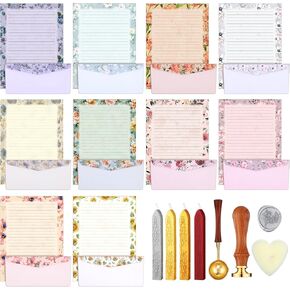 27 Pcs Floral Paper and Envelope Set flower Stationery Paper Envelopes with Sealing Wax Sticks Tea Candles Wooden Handle Wax Spoon for Letter Sealing