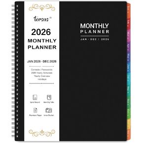 2026 Monthly Planner - Jan 2026 - Dec 2026, 9" x 11", 12 Months Planner Calendar 2026, Colorful Monthly Tabs, Suitable for School & Work
