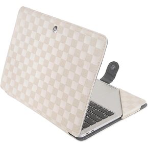 MOSISO Case Compatible with MacBook Air 13 inch M4 A3240 M3 A3113 M2 A2681 M1 A2337 A2179 A1932 2025-2018/Pro 13 M2 M1 2024-2016,Checker Texture Grid PU Leather Portfolio Protective Stand Cover,Beige