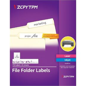 File Folder Labels,750 Labels 1/3 Cut,Self Adhesive Removable Labels,Printable Permanent Label Stickers for Manila File Folders,2/3" x 3-7/16",Laser/Inkjet,25 Sheets,White