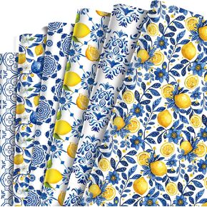 littkeef cliaet Blue Tile Lemon Wrapping Paper Set, 12 Sheets Lemon Patterns Pattern Gift Wrap Paper for Summer Ftruit Birthday Party Wedding Bridal Shower Baby Shower 20'' x 27'', 6 Styles