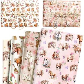 BACH AND BOUJEE 12 Sheets Horse Floral Wrapping Paper Pink Horse Flower Gift Wrap Paper Run for The Roses for Horse Racing Birthday Party Decorations Baby Shower DIY Crafts 27x20 Inch