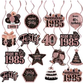 16pcs 40th Birthday Party Decorations, Rose Gold Hanging Swirls Set, Vintage 1985 Birthday Cutouts Happy 40th Birthday Hanging Swirls Streams,Old Rose Gold Birthday Party Decorations Supplies