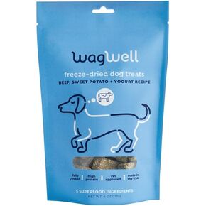علاجات Wagwell المجففة المجففة - لحوم البقر ، البطاطا الحلوة ، + وصفة الزبادي - بروتين عالي المطبوخ بالكامل في الولايات المتحدة الأمريكية - معالجته بالمعالجة والطباعة البيطرية الحد الأدنى