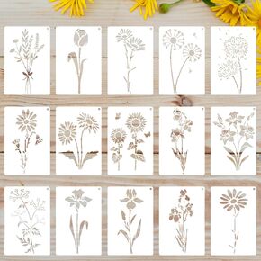 15Pcs Flower Stencils for Painting on Walls, Wildfower Stencils for Crafts Reusable, Floral Stencil Sunflower Painting Template, Flower Stencil Kit for Spray Paint Wood Fence Canvas (6×4'')