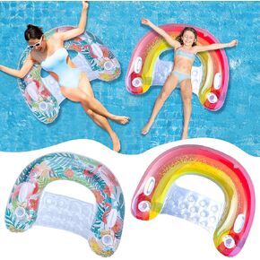 2 Pack Inflatable Pool Floats - Blow up Lounge Chair with Cup Holders in Glitter Flamingo & Rainbow Design for Adults Relaxing Swimming Pool Beach Lake Party Summer Water Fun
