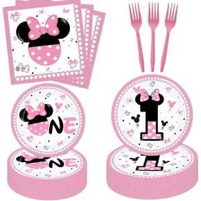 50 Pcs Pink 1st Birthday Party Dinnerware Girls One Tableware Set Girls One Paper Plates Napkins Forks for Girl's 1st Birthday Baby Shower Party Decorations
