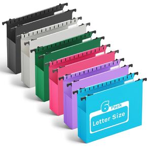 Ansook Extra Capacity Plastic Hanging File Folders,2" Expanding Accordian Pocket with Black Insert Gasket,Heavy Duty for Filing Cabinet, Hard Hang Folders Organizer, Black,Letter Size,6 Pack