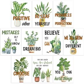 Estune 10 Pcs Growth Mindset Motivational Posters for Classroom Decorations Boho Plant Classroom Posters with Positive Quotes Inspirational Posters for Middle and High School Bulletin Board Wall Decor
