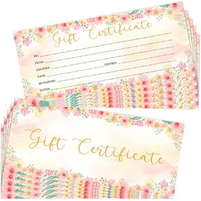 Blank Pink Flower Gift Certificate for Business, 25 Floral Gift Certificate for Salon Spa Beauty Restaurants Marriage Birthday Client Vouchers, 8x3.5" Blank Cards -04