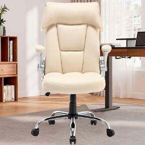 350lbs Ergonomic Executive Office Chairs with Flip up Arms Headrest PU Leather Height Adjustable Comfy Rocking Desk Chairs with Wheels for Women, Beige