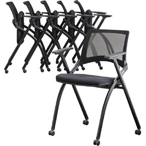 Stackable Foldable Conference Room Chairs with Wheels, Folding Office Desk Chair with Cushion for Training Room, Guest Reception Chair (Black)