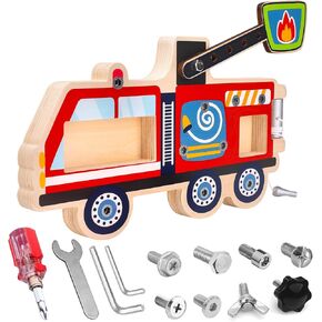 Montessori Toys Wooden Building Blocks Screwdriver Set – STEM Educational Travel Toys for Toddlers3 4 5 6 7 8, DIY Emergency Vehicles Fire Truck