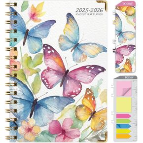 HARDCOVER Academic Year 2025-2026 Planner: (June 2025 Through July 2026) 5.5"x8" Daily Weekly Monthly Planner Yearly Agenda. Bookmark, Pocket Folder and Sticky Note Set (Watercolor Butterflies)