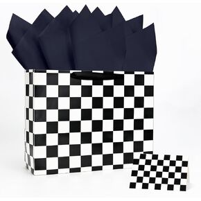 MUNILAIL 13 Inches Race Car Gift Bag Black and White Checkered Gift Bag with Handle Tissue Paper and Greeting Card for Boys Girls Birthday Racing Car Themed Party Large Paper Gift Bag