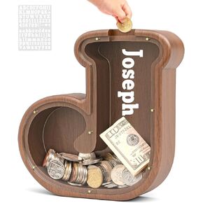 Piggy Bank for Kids Girls Boys Summidate Wooden Letter Piggy Bank for Family, Sturdy Coin Banks for Baby, Personalized Cute Initial Money Banks, Birthday Gift for Toddlers (Letter J)