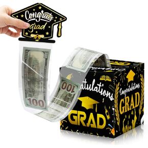 2025 Graduation Surprise Money Box for Cash Gift Pull, Graduation Money Holder for Cash with 50 PCS Plastic Bags, Funny Graduation Gifts for College Women Men, Graduation Party Supplies, Black