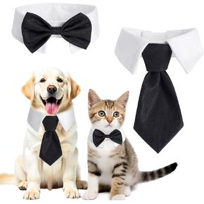 2 Pcs Pet Tuxedo Collar Cat Bow Tie Dog Bowtie with Shirt White Collar Adjustable Cute Neck Tie Tux Costume for Pet Cat Puppy Party Accessories, Neck Girth 9.3" - 12" Black ＆ White