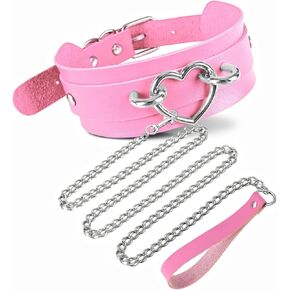 Love Heart Pink Wide Collar with Chains Adjustable Soft PU Choker Necklace for Pet Neck Size 12-15 inches