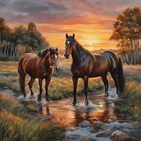BOHADIY Horse Diamond Painting Kits for Adults, Sunset Landscape Round Full Drill Diamond Art Kits, Diamond Art Kits for Beginners, 5D DIY Animal Paint with Diamonds Crafts for Wall Decor 12×12Inch