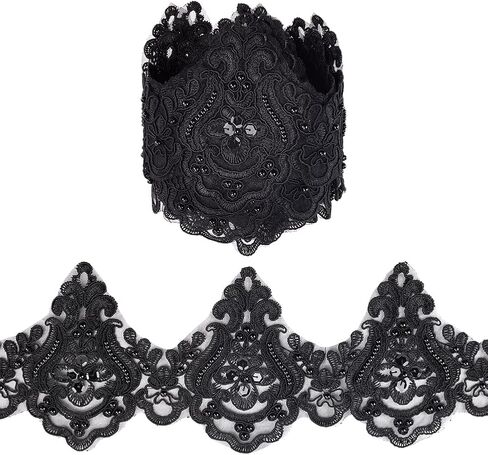 MAYJOYDIY 3Yards Black Bead Wave Lace Trim 4.9inch Vintage Inelastic Embroidery Lace Ribbon Sparkle Scalloped Edge Ribbon for Bridal Dress Wedding Party Costume Decoration in Saudi Arabia