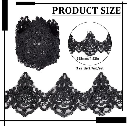 MAYJOYDIY 3Yards Black Bead Wave Lace Trim 4.9inch Vintage Inelastic Embroidery Lace Ribbon Sparkle Scalloped Edge Ribbon for Bridal Dress Wedding Party Costume Decoration in Saudi Arabia