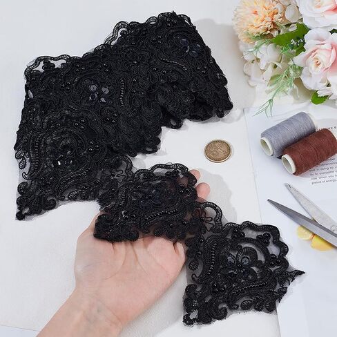 MAYJOYDIY 3Yards Black Bead Wave Lace Trim 4.9inch Vintage Inelastic Embroidery Lace Ribbon Sparkle Scalloped Edge Ribbon for Bridal Dress Wedding Party Costume Decoration in Saudi Arabia