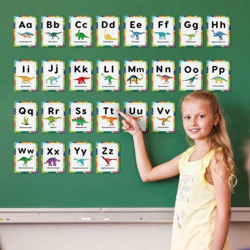 H1vojoxo Back to School Bulletin Board - 57PCS Dinosaur Bulletin Board Decoration Alphabet Colors Shapes Numbers Educational Cards for Toddlers Dinosaur Posters for Preschool Classroom Chalkboard Wall in Kuwait