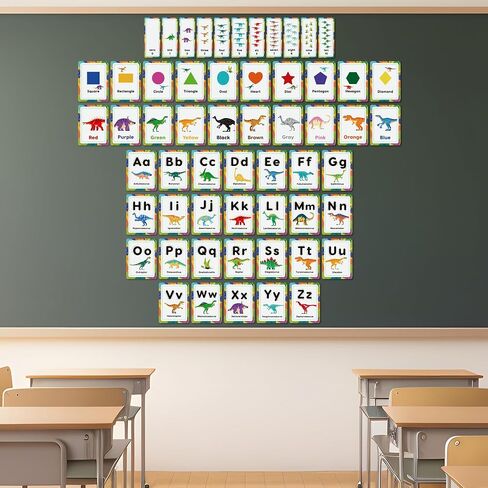 H1vojoxo Back to School Bulletin Board - 57PCS Dinosaur Bulletin Board Decoration Alphabet Colors Shapes Numbers Educational Cards for Toddlers Dinosaur Posters for Preschool Classroom Chalkboard Wall in Kuwait
